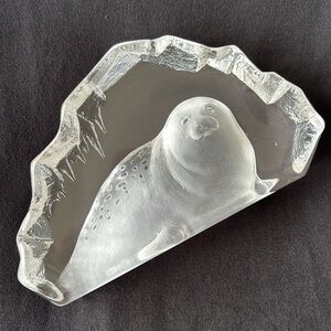 Large Maleras Lead Crystal Paperweight Seal Pup Sweden Signed Art carved glass